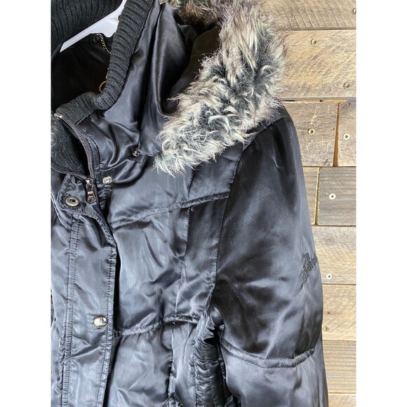 Guess Women's Sz L Black Puffer Jacket Faux Fur Hood Lined Coat - Picture 3 of 13